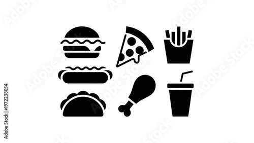 Assorted icons of popular fast food items and drinks Vector