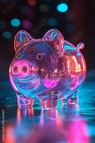 Colorful Glass Piggy Bank Glowing with Neon Lights in Dark Setting