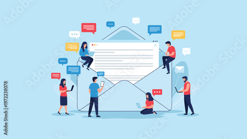Team of diverse people using various gadgets while interacting on a giant white envelope symbol against blue sky.