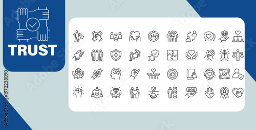 Trust and reliability concept banner with teamwork support and protection line icons set