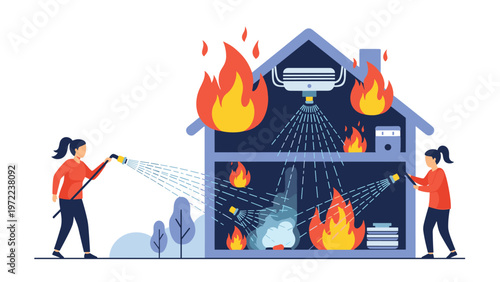 Two women fighting a house fire using hoses while an indoor sprinkler system is activated to control the flames.