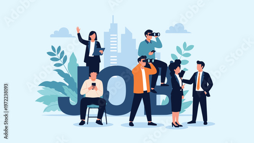 Diverse people searching for new employment opportunities around large job letters in a modern city landscape.