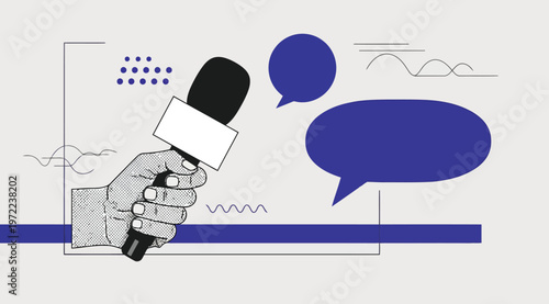 Hand holding a microphone with speech bubbles for interview or podcast concept