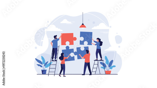 Diverse team of professionals works together to assemble large jigsaw puzzle pieces symbolizing collaboration and business strategy success.