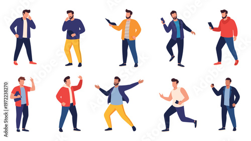 Collection of diverse male characters in various casual and professional outfits showcasing different personality types and active lifestyle poses.