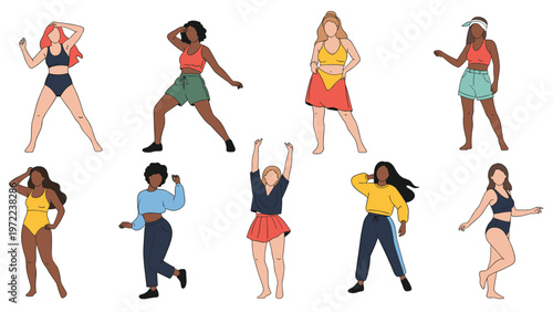 Group of multiethnic women in stylish athletic wear and swimsuits posing confidently to promote body positivity and diverse fashion styles.
