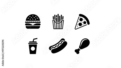 Six black and white icons representing popular fast food items Vector