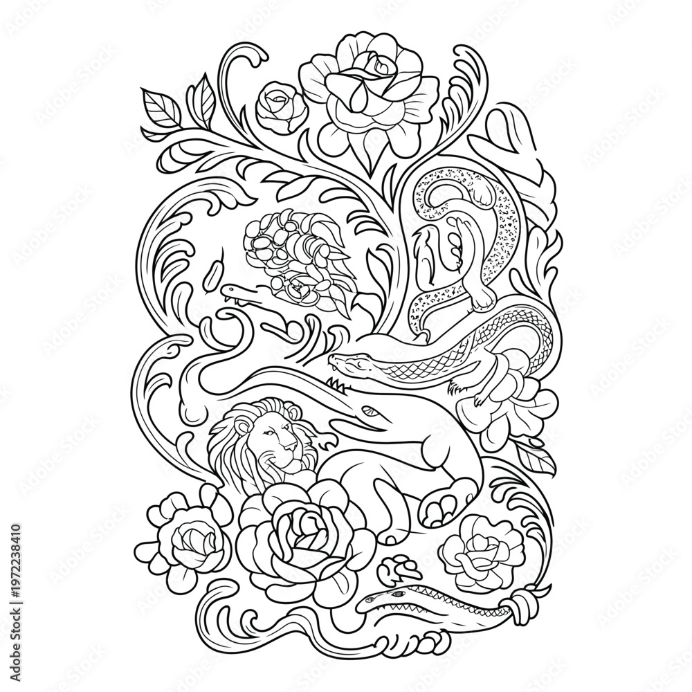 Fototapeta premium Intricate Black and White Tattoo Style Wildlife and Floral Illustration with Lion, Snake and Crocodile Vector Line Art