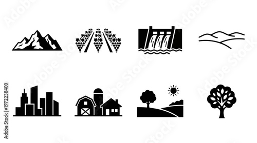 Mountain, Agriculture, and Urban Development Silhouette Vector Icon Set – Elegant Vectors Featuring Mountains, Vineyards, Dams, Fields, Skylines, Barns, Trees, and Natural Landscapes in Minimalist Bla