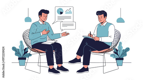 Two business partners engaged in a productive meeting or job interview discussing project data and sharing creative ideas in a modern office.