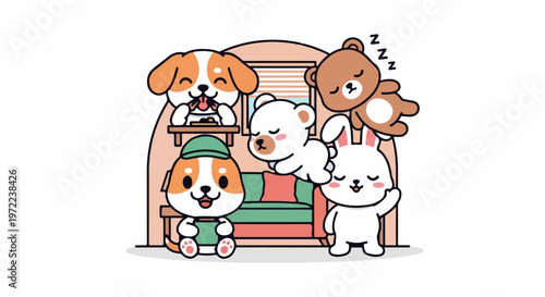 Adorable cartoon animals enjoying a cozy and comfortable indoor setting together.