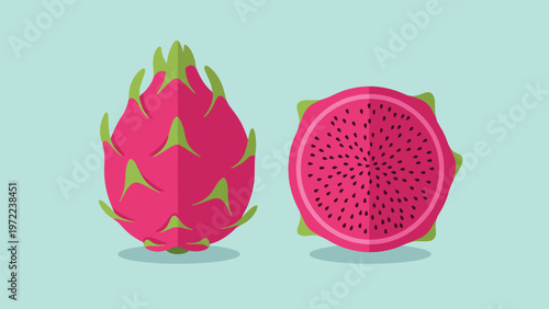 Vibrant pink dragon fruit shown whole and sliced in half to reveal the white speckled interior set against a clean light blue background.