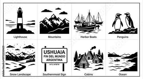Ushuaia and Tierra del Fuego Landmarks Silhouette Vector Icon Set – Elegant Vectors Featuring Lighthouse, Mountains, Boats, Penguins, Cabins, Ocean Views, and End‑of‑the‑World Sign in Minimalist Black