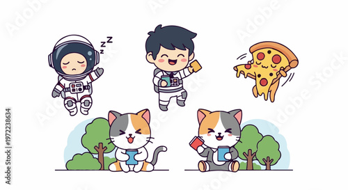 Adorable Cartoon Astronaut, Boy, Pizza Slice, and Cats Collection.