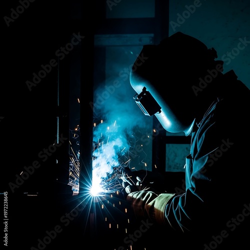 Intense Welding Silhouette - Sparks, Smoke, and Protective Gear in Dark Workshop.