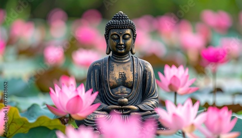 Bronze Buddha statue sits amongst vibrant pink lotus flowers in a lush, green, and tranquil outdoor scene