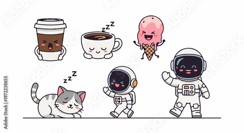 Adorable Cartoon Astronauts and Cute Cat with Coffee and Ice Cream, Isolated.
