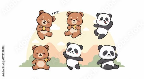 Adorable Cartoon Bears and Pandas in Various Poses and Expressions.