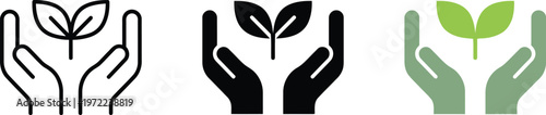 A trio of symbolic icons depicts cupped hands nurturing a fragile plant sprout, representing growth, ecology, and sustainability.