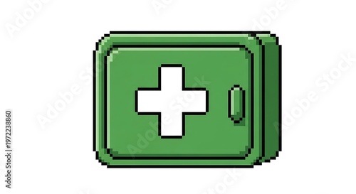 Pixelated Green First Aid Kit Icon with White Cross on White Background.
