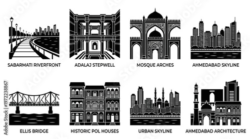 Ahmedabad Landmarks and Architectural Heritage Silhouette Vector Icon Set – Elegant Vectors Featuring Sabarmati Riverfront, Adalaj Stepwell, Mosques, Ellis Bridge, Pol Houses, and Urban Skylines in Mi