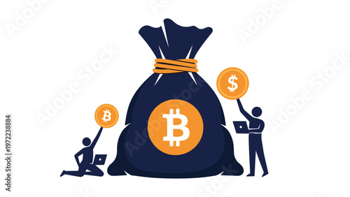 Tiny business characters with laptops and bitcoin coins standing around a giant dark blue money bag representing digital wealth and investment.