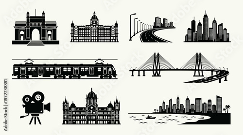 Mumbai Landmarks and Cityscape Silhouette Vector Icon Set – Elegant Vectors Featuring Gateway of India, Taj Mahal Palace, Marine Drive, Bandra‑Worli Sea Link, Bollywood Camera, and Skyline Buildings 