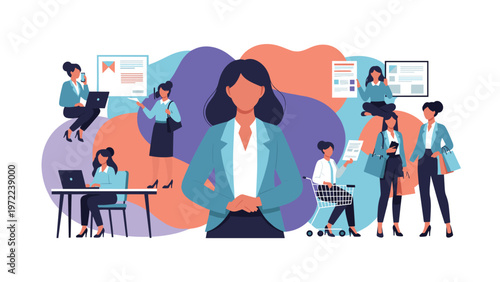 Group of professional women depicted in various daily activities like working on laptops shopping and discussing projects in a collage style.