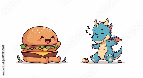 Adorable cartoon burger and sleeping blue dragon characters on white background.