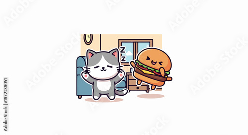 Adorable cartoon cat and burger characters relaxing indoors together, smiling happily.