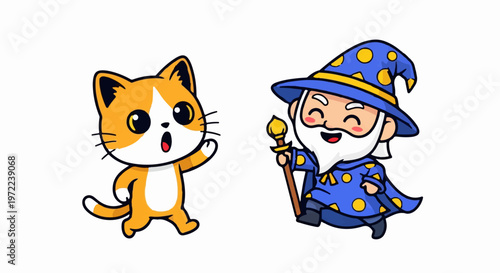 Adorable Cartoon Cat and Wizard Character Illustration on White Background.