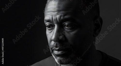 Intense Black and White Portrait of a Thoughtful Middle-Aged Man with Dramatic Lighting.