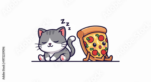 Adorable Cartoon Cat Sleeping Peacefully Beside Delicious Pizza Slice.