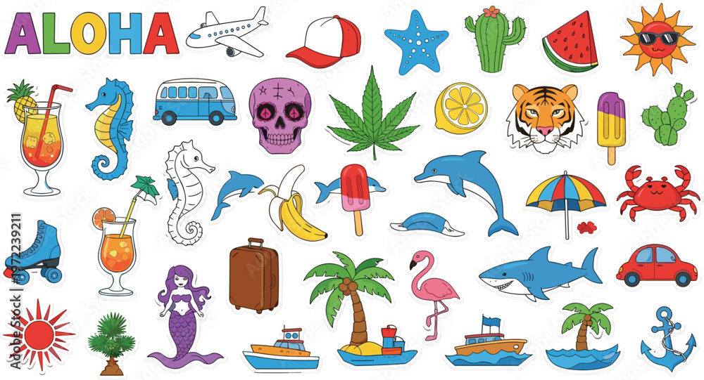 Fototapeta premium Summer vacation doodle collection with beach icons animals travel elements and tropical symbols colorful cartoon illustration set for holiday design