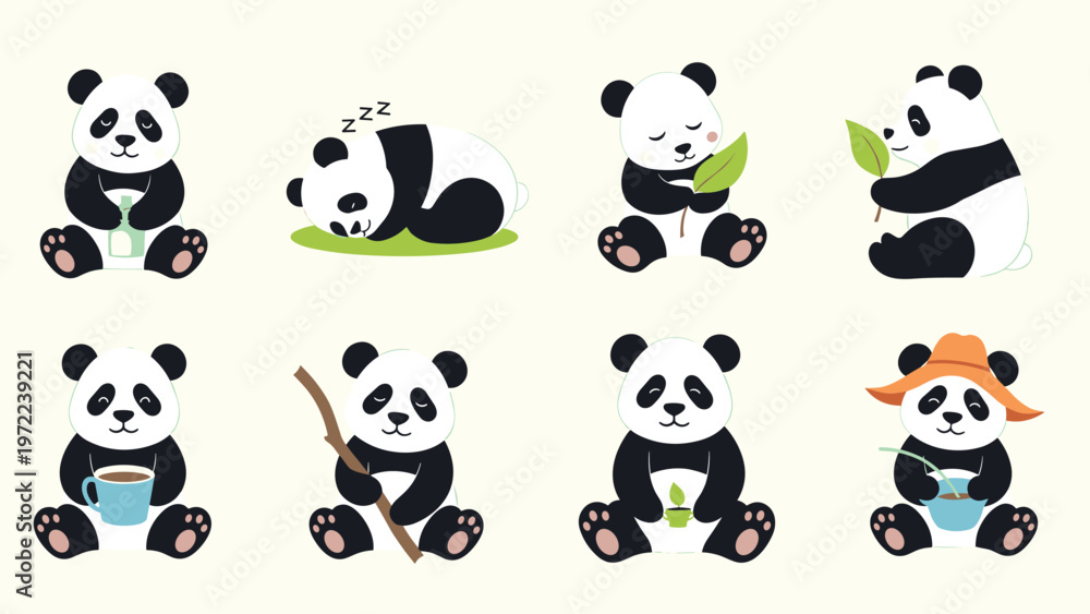 Naklejka premium Collection of cute giant panda bears in various poses including sleeping, eating bamboo, and drinking tea on a light background.