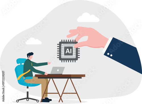 Giant hand placing an AI chip on a professional's laptop