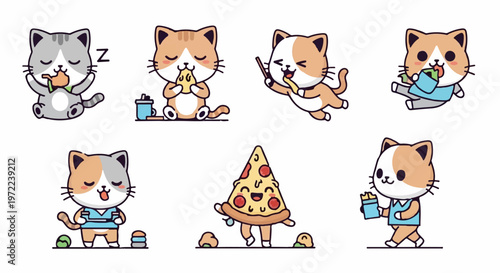 Adorable Cartoon Cats Enjoying Food and Drinks in Various Poses.