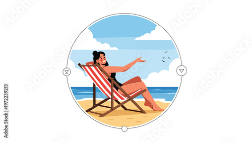 Smiling woman relaxing on a red striped beach chair near the ocean waves and blue sky within a circular frame for travel and holiday themes.