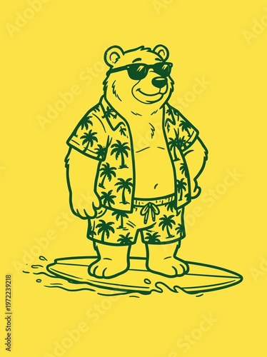 Bear standing on surfboard wearing sunglasses.