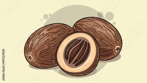 Group of whole and halved nutmeg seeds showing the detailed inner texture and outer shell for culinary spice and herbal medicine projects.