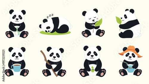 Collection of cute giant panda bears in various poses including sleeping, eating bamboo, and drinking tea on a light background.