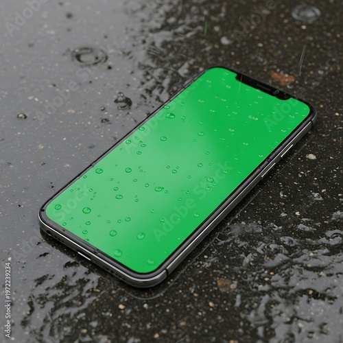 Green Screen Smartphone on Wet Pavement, Raindrops, Close-Up, Modern Technology Concept.