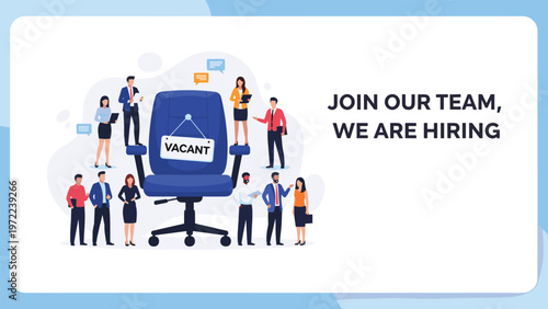 Recruitment advertisement banner showing a diverse group of people around a large office chair with a vacant sign to invite job applications.