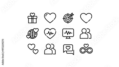 Collection of twelve minimalist icons representing various themes and activities Vector