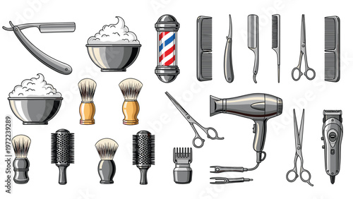 Professional barber shop equipment set with razors, hair dryers, scissors, brushes, and combs isolated on white background.