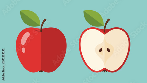 Fresh red apple shown as a whole fruit with a leaf and a vertical cross-section displaying seeds on a light blue background.