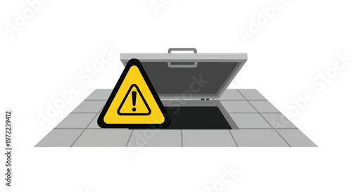Open manhole cover with a yellow warning triangle sign indicating danger and hazard on a tiled surface