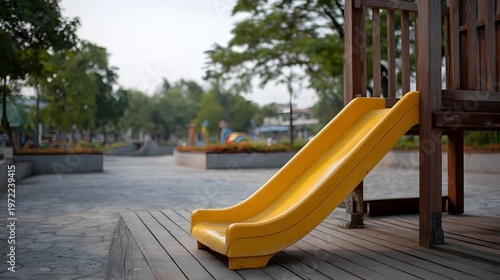 A bright yellow slide in an empty playground set against a backdrop of trees and a hazy sky