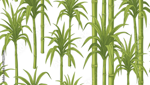 Detailed seamless pattern of tall green sugarcane plants with long leaves and stalks growing in a dense tropical plantation field.