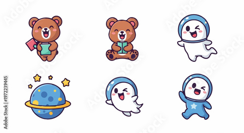 Adorable Cartoon Characters - Bear and Ghost Astronauts in Space.